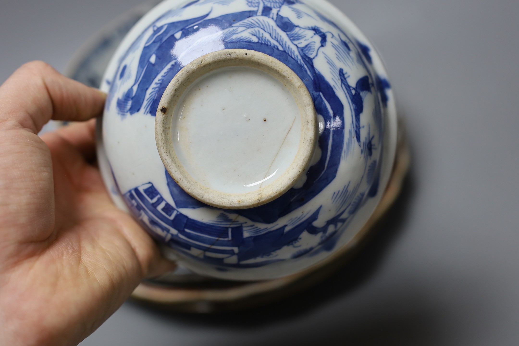 A group of 18th / 19th century Chinese blue and white plates and bowls, Largest 22 cm diameter